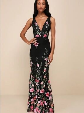 Soiree Blossom Black Floral Embroidered Mermaid Maxi Dress - Lulus